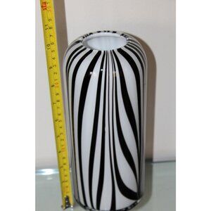 Serengeti Black & White Zebra Stripe Cased Glass Vase 10" Handcrafted In Poland